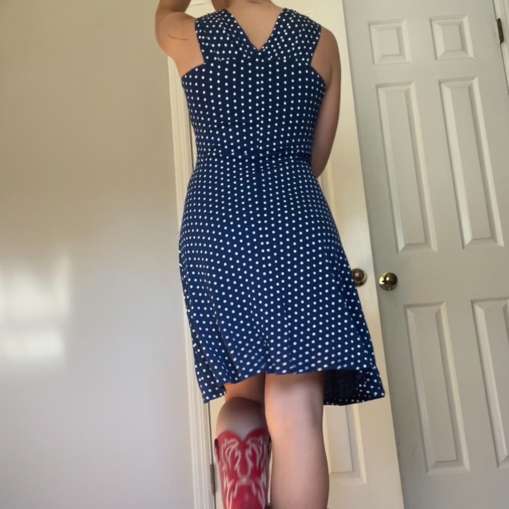 Vintage Navy White polka dots a line flowy midi dress stretchy material knotted